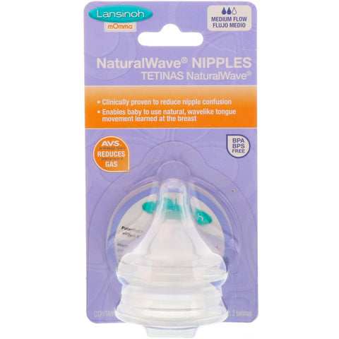 Lansinoh, mOmma, NaturalWave Nipples, Medium Flow, 2 Medium Flow Nipples