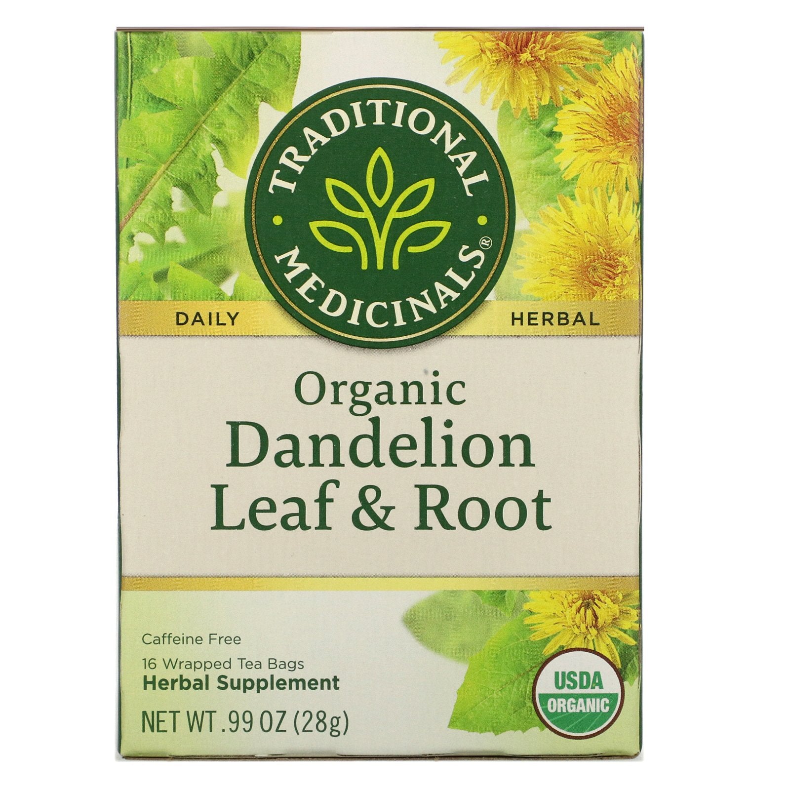 Traditional Medicinals, Herbal Teas, Organic Dandelion Leaf & Root Tea, Naturally Caffeine Free, 16 Wrapped Tea Bags, .99 oz (28 g)