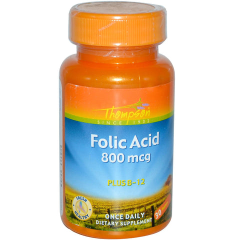 Thompson, Folic Acid, Plus B-12, 800 mcg, 30 Tablets