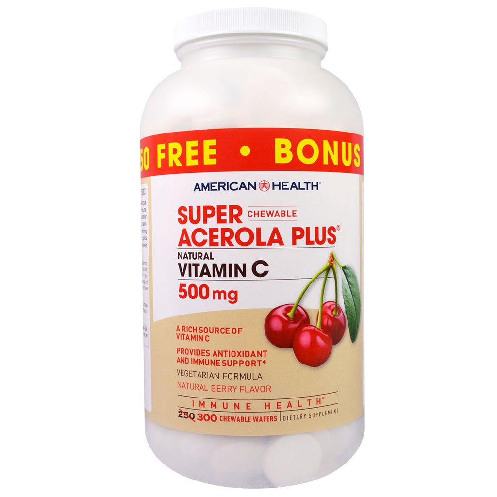 American Health, Super Chewable Acerola Plus, Natural Berry Flavor, 500 mg, 300 Chewable Wafers