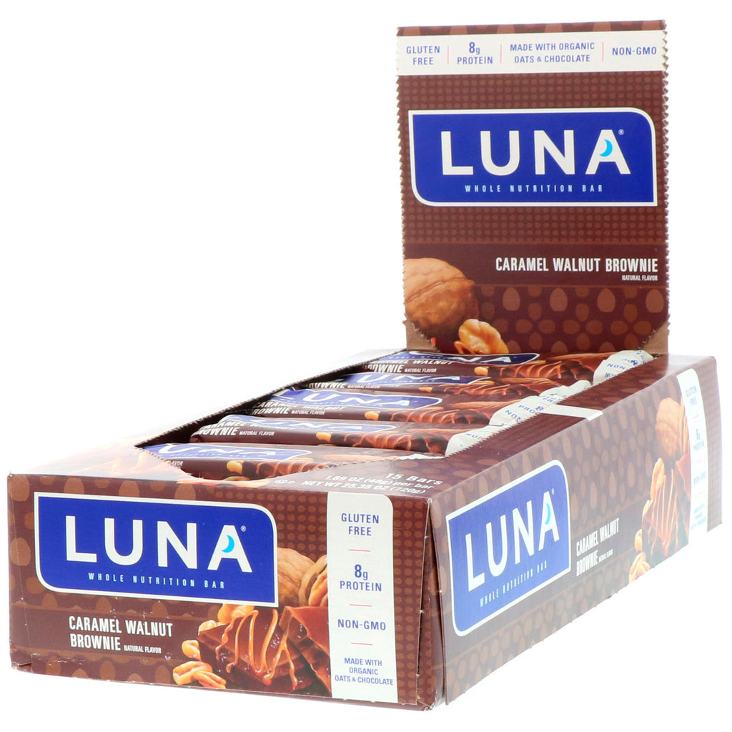 Clif Bar, Luna, Whole Nutrition Bar for Women, Caramel Walnut Brownie, 15 Bars, 1.69 oz (48 g) Each