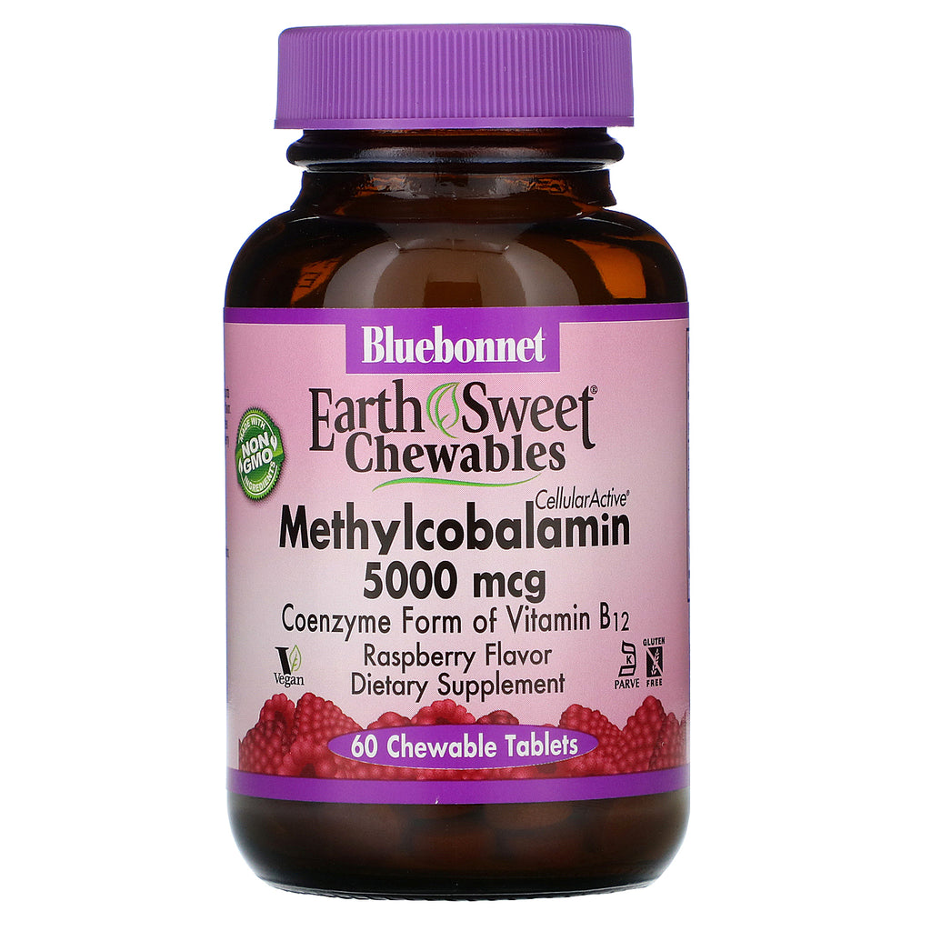 Bluebonnet Nutrition, EarthSweet Chewables, CellularActive Methylcobalamin, Raspberry Flavor, 5,000 mcg, 60 Chewable Tablets