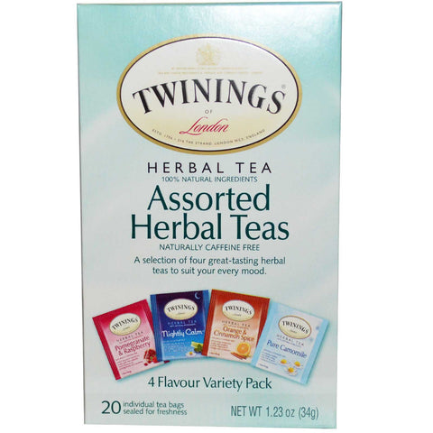 Twinings, Assorted Herbal Teas, Variety Pack, Caffeine Free, 20 Tea Bags, 1.23 oz (34 g)