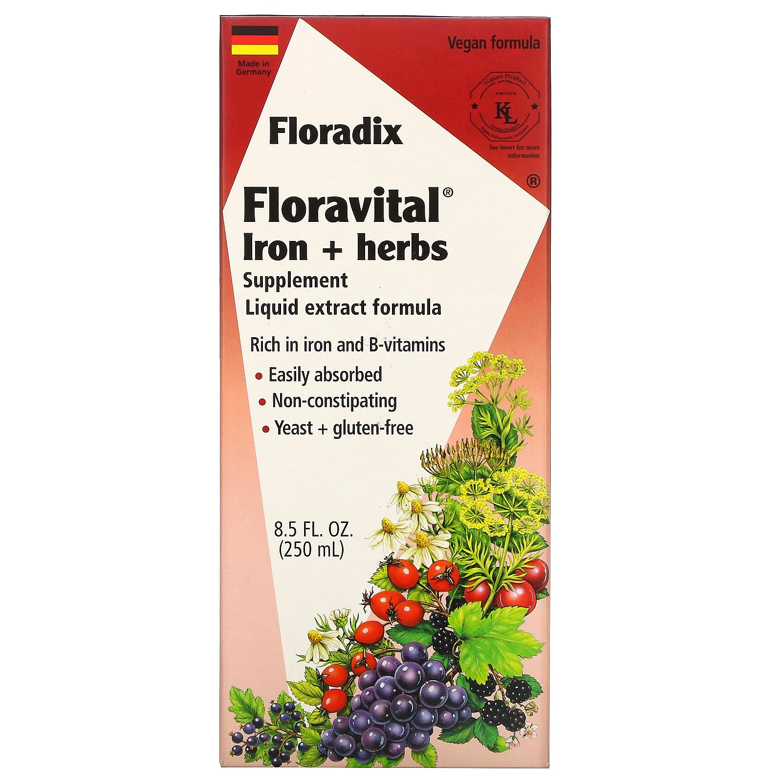 Flora, Floradix, Floravital Iron + Herbs Supplement, Liquid Extract Formula, 8.5 fl oz (250 ml)