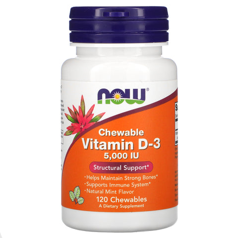 Now Foods, Chewable Vitamin D-3, Natural Mint, 5,000 IU, 120 Chewables