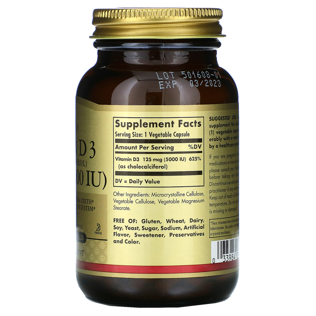 Solgar, Vitamin D3 (Cholecalciferol), 125 mcg (5000 IU), 120 Vegetable Capsules