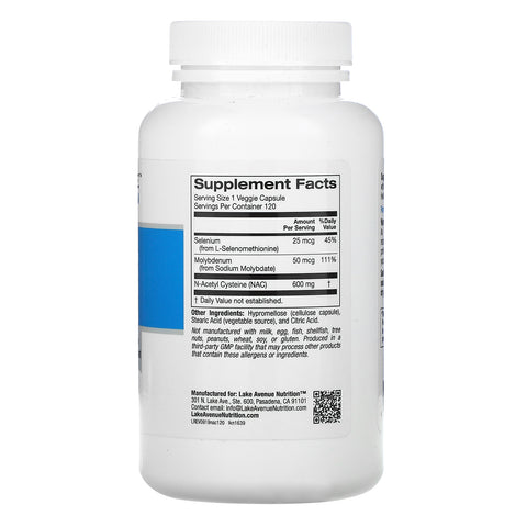 Lake Avenue Nutrition, NAC, N-Acetyl Cysteine with Selenium & Molybdenum, 600 mg, 120 Veggie Capsules