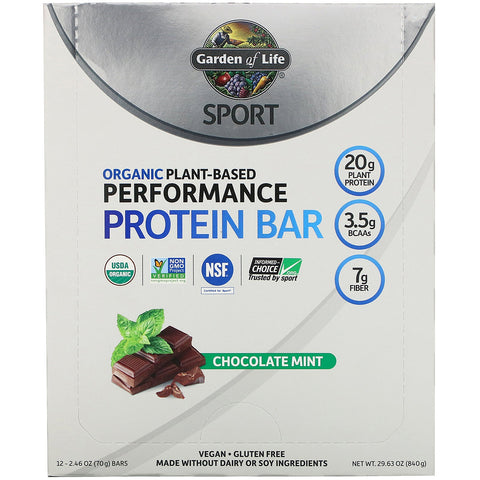 Garden of Life, Sport,  Plant-Based Performance Protein Bar, Chocolate Mint, 12 Bars, 2.46 oz (70 g) Each