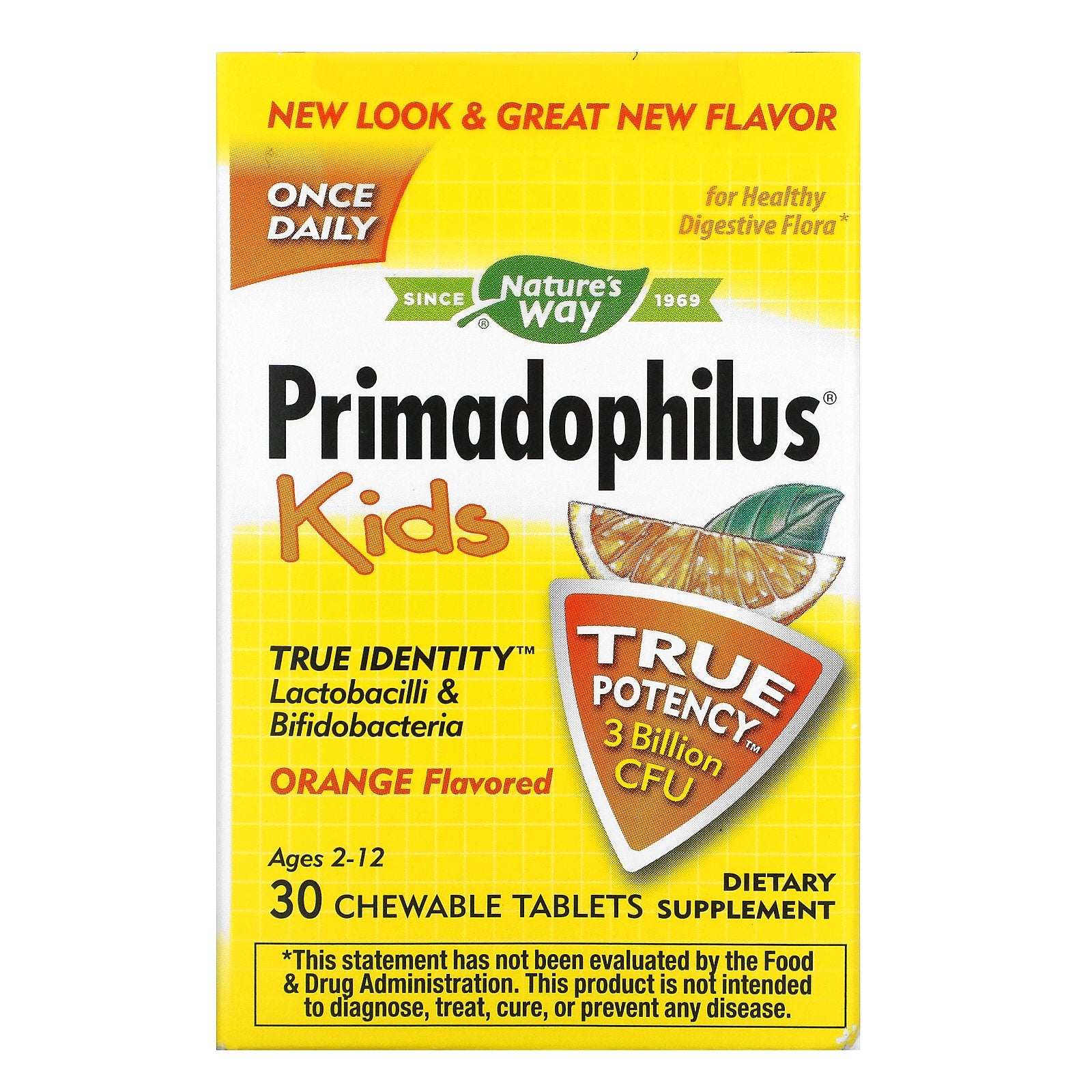 Nature's Way, Primadophilus, Kids, Age 2-12, Orange Flavored, 3 Billion CFU, 30 Chewable Tablets