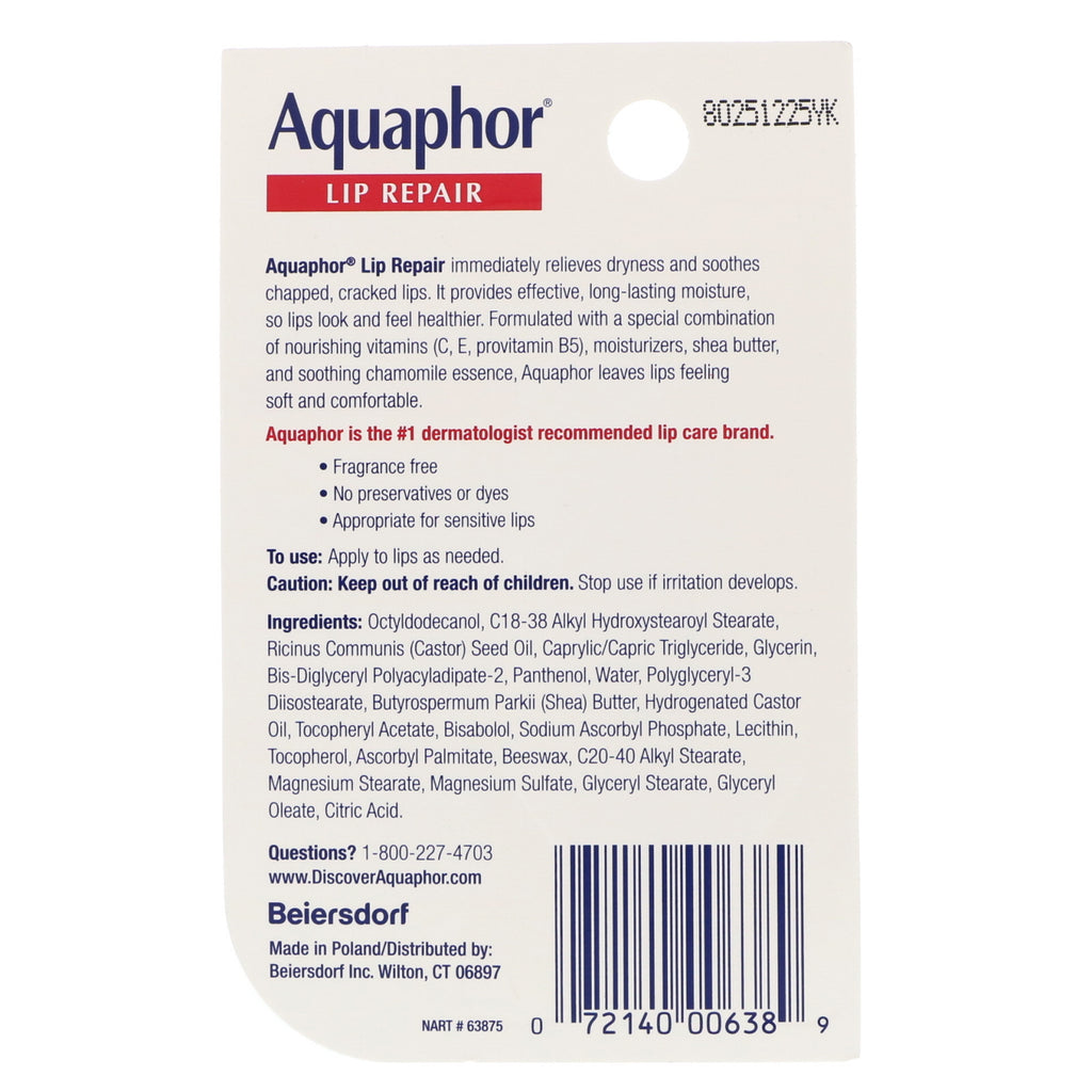Aquaphor, Lip Repair, Immediate Relief, Fragrance Free, .35 fl oz (10 ml)