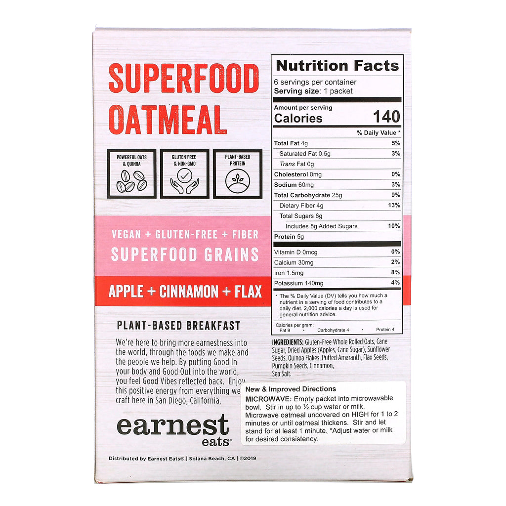 Earnest Eats, Superfood Instant Oatmeal, Apple + Cinnamon + Flax, 6 Packets, 8.47 oz (240 g)
