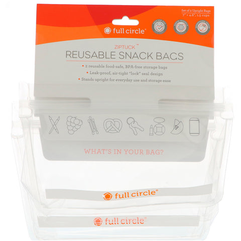 Full Circle, ZipTuck, Reusable Snack Bags, Clear, 2 Bags