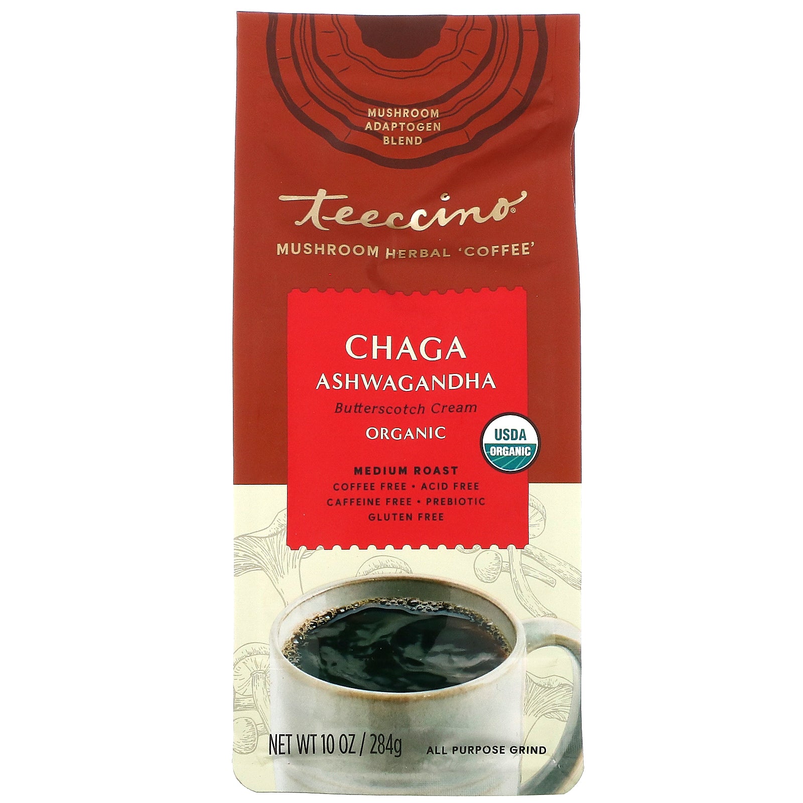 Teeccino, Mushroom Herbal Coffee, Medium Roast, Chaga Ashwagandha, Caffeine Free, 10 oz (284 g)