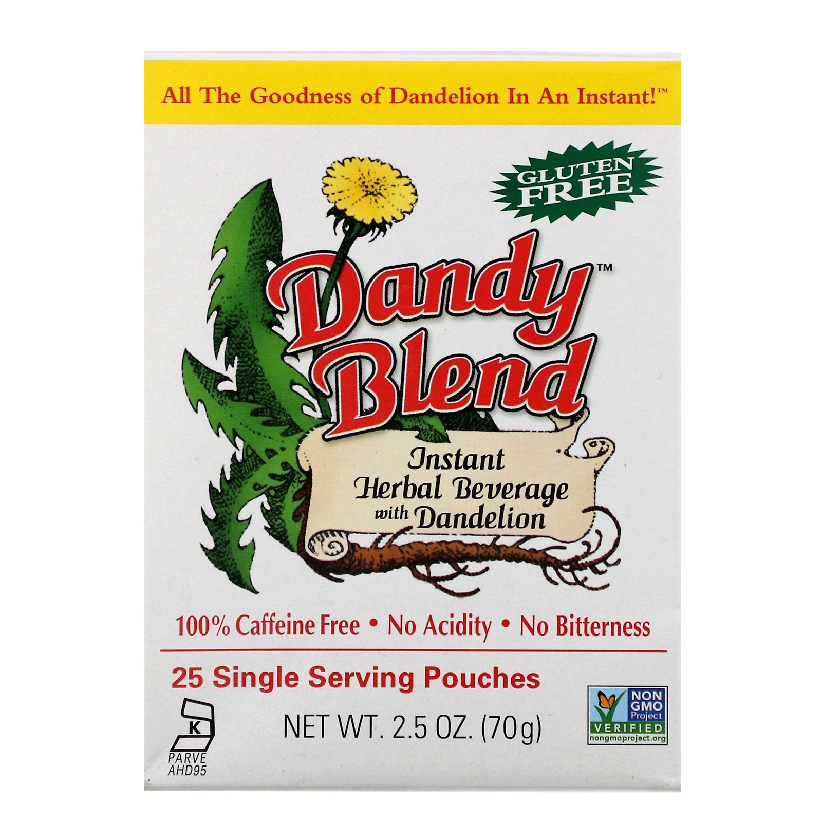 Dandy Blend, Instant Herbal Beverage With Dandelion, Caffeine Free, 25 Single Serving Pouches