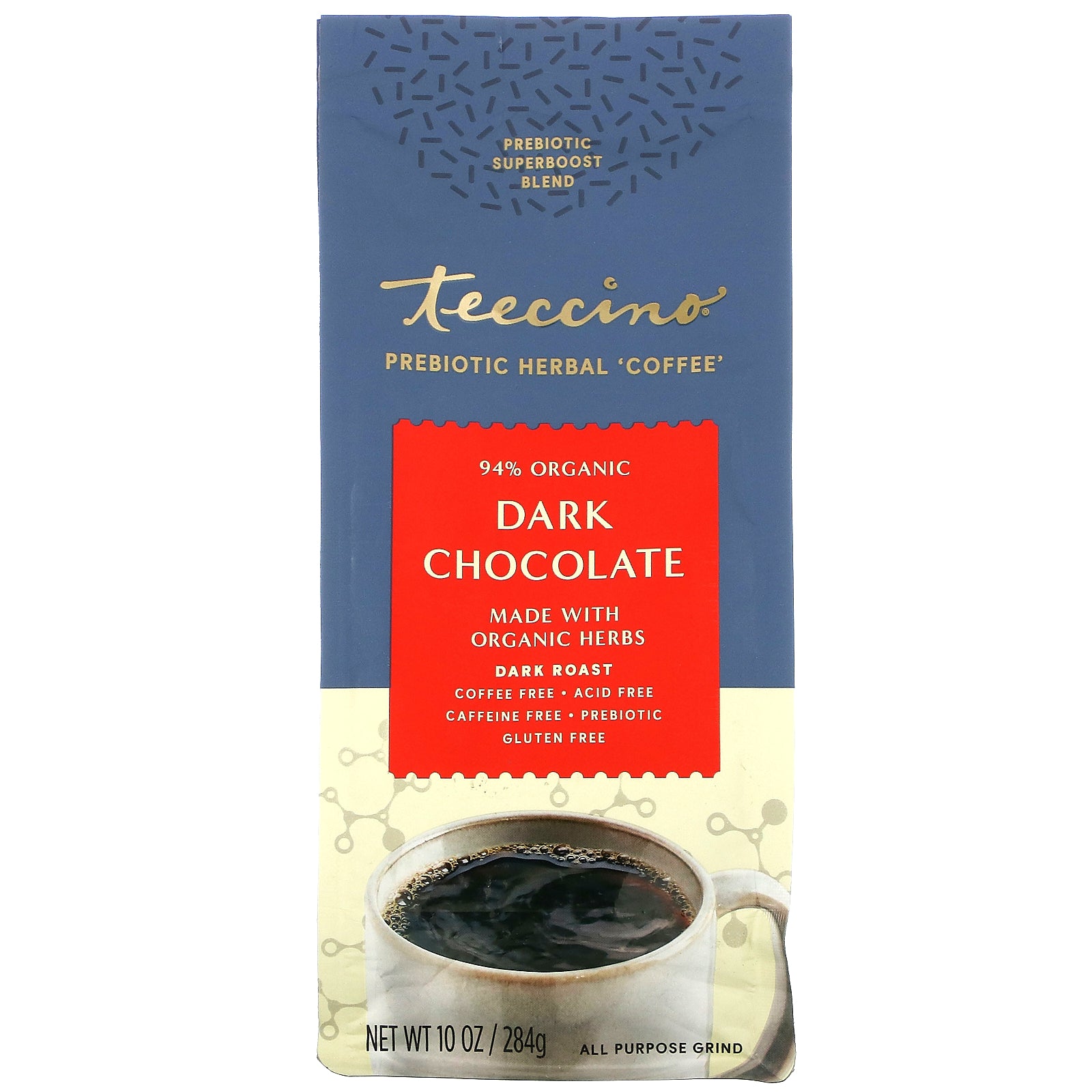 Teeccino, Prebiotic Herbal Coffee, Dark Chocolate, Dark Roast, Caffeine Free, 10 oz (284 g)