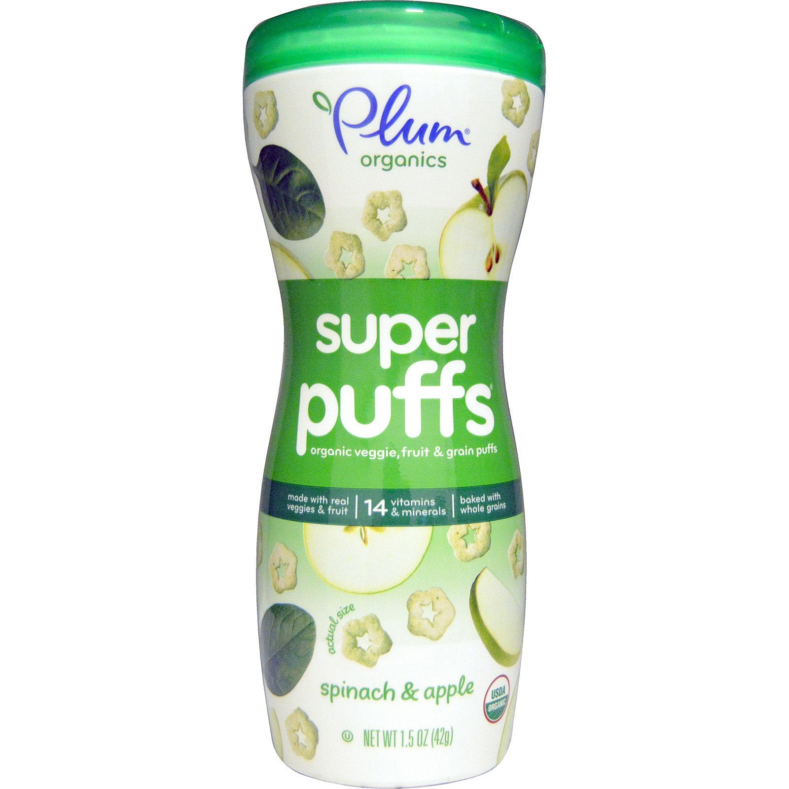 Plum Organics, Super Puffs, Organic Veggie, Fruit & Grain Puffs, Spinach & Apple, 1.5 oz (42 g)