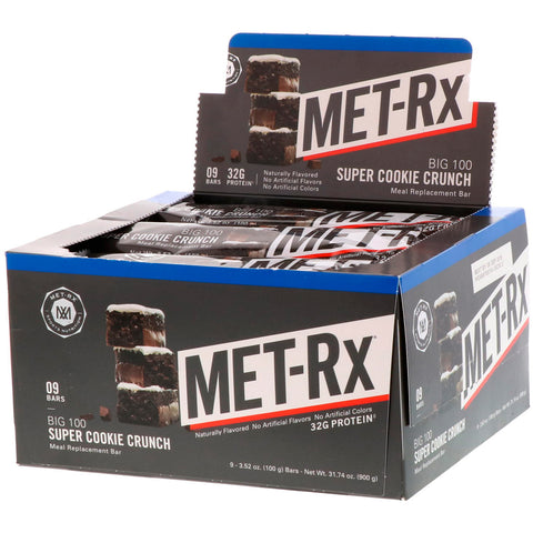 MET-Rx, Big 100, Meal Replacement Bar, Super Cookie Crunch, 9 Bars, 3.52 oz (100 g) Each