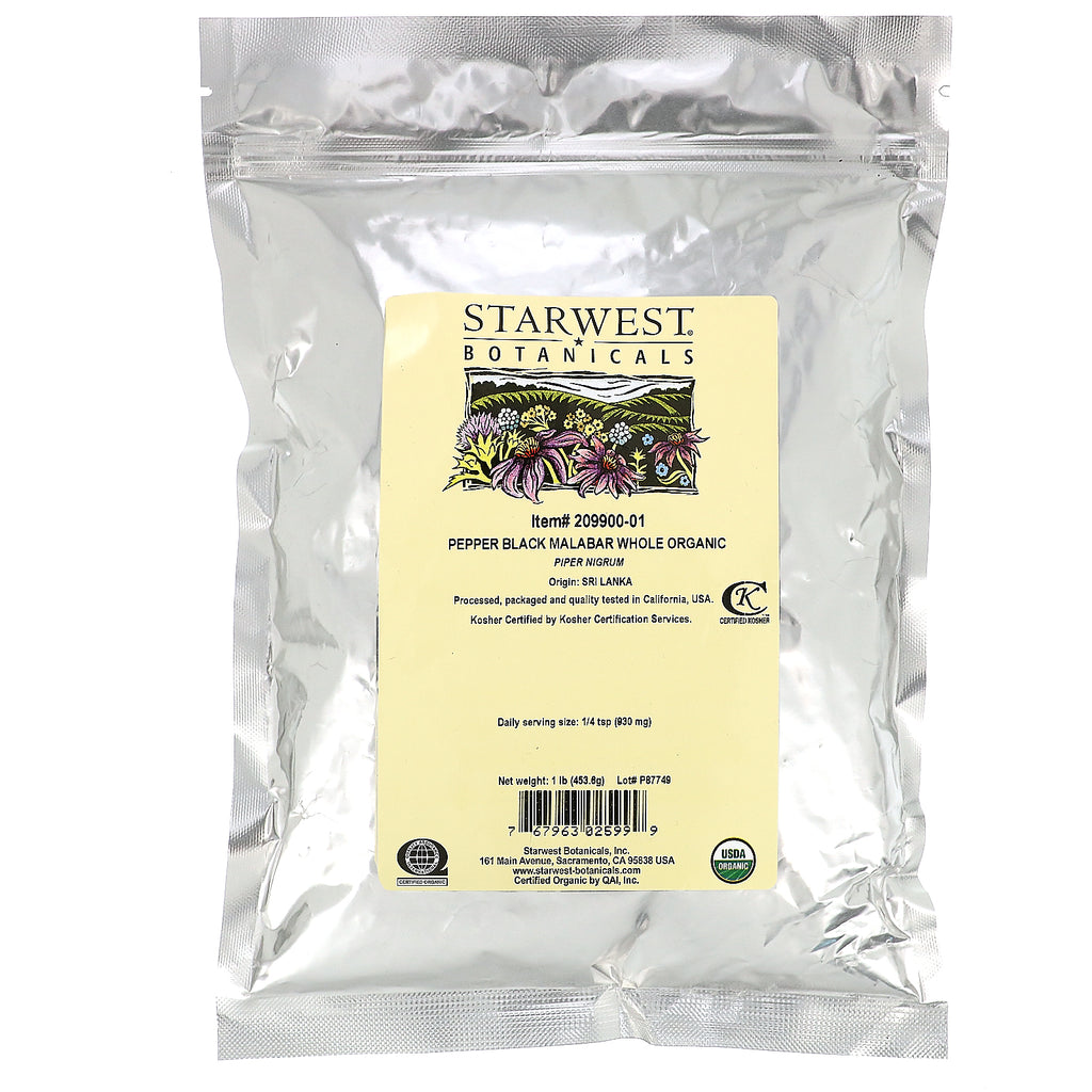 Starwest Botanicals, Pepper Black Malabar Whole, Organic, 1 lb (453.6 g)