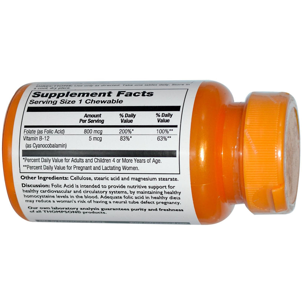 Thompson, Folic Acid, Plus B-12, 800 mcg, 30 Tablets