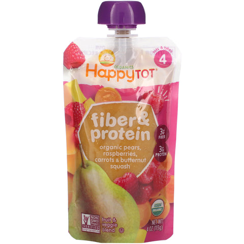 Happy Family Organics, Happytot, Fiber & Protein, Stage 4, Organic Pears, Raspberries, Carrots & Butternut Squash, 4 oz (113 g)