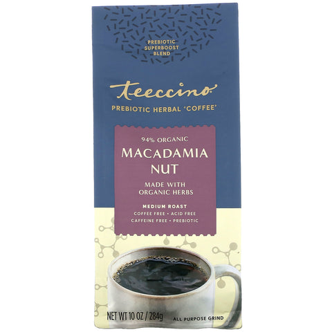 Teeccino, Prebiotic Herbal Coffee, Macadamia Nut, Medium Roast, Caffeine Free, 10 oz (284 g)