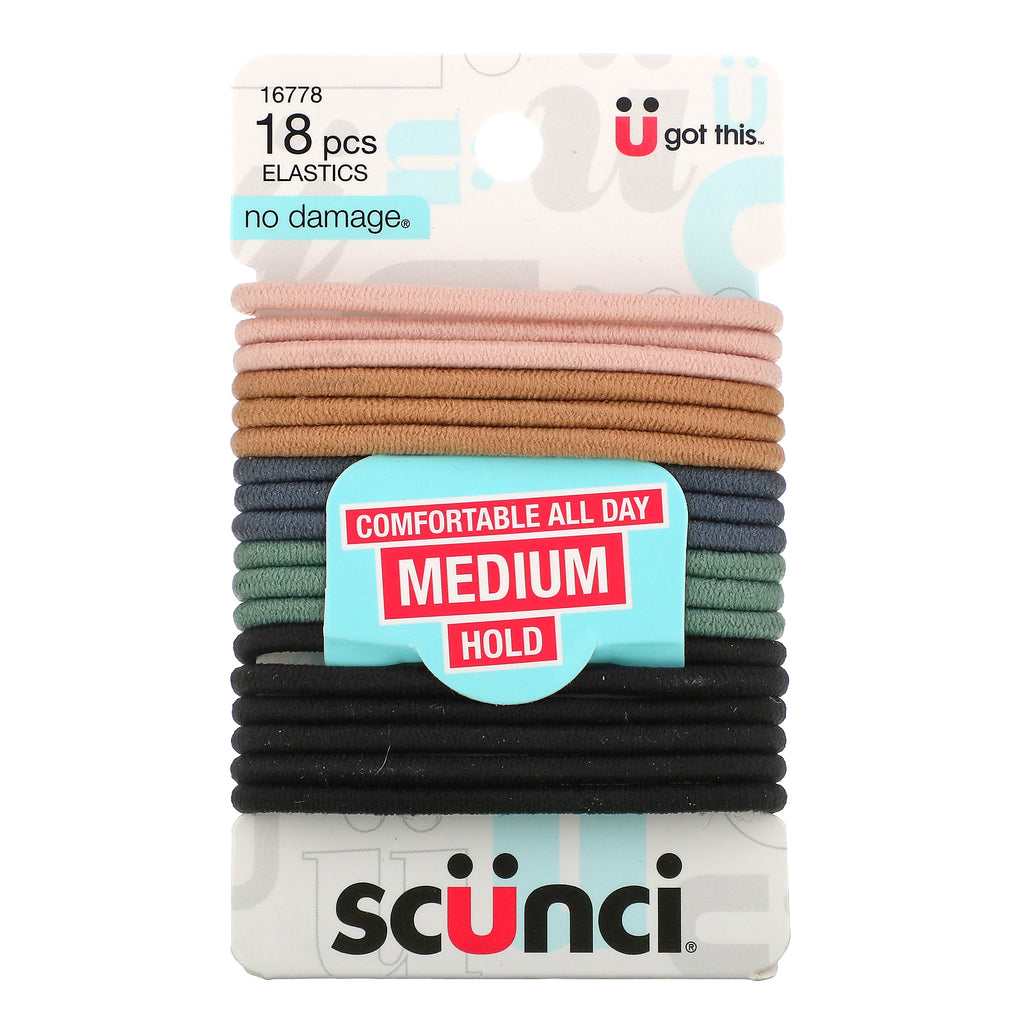 Scunci, No Damage Elastics, Comfortable All Day, Medium Hold, Neutral, 18 Pieces