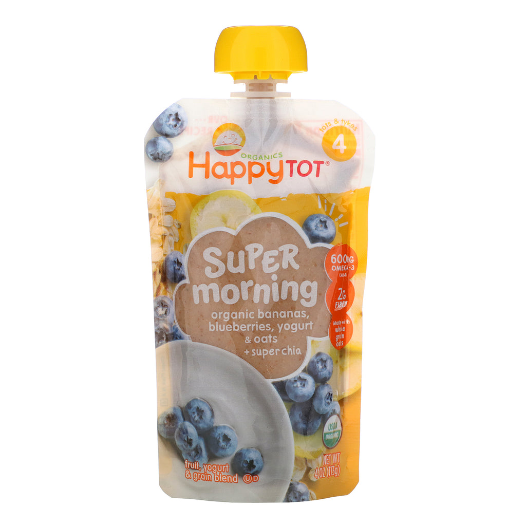 Happy Family Organics, Happy Tot, Super Morning, Fruit, Yogurt & Grain Blend, Organic Bananas, Blueberries, Yogurt & Oats + Super Chia, Stage 4, 4 oz (113 g)