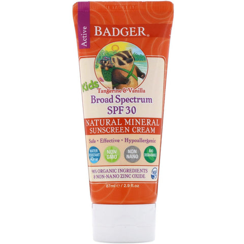 Badger Company, Active Kids, Natural Mineral Sunscreen Cream, SPF 30 PA+++, Tangerine & Vanilla, 2.9 fl oz (87 ml)