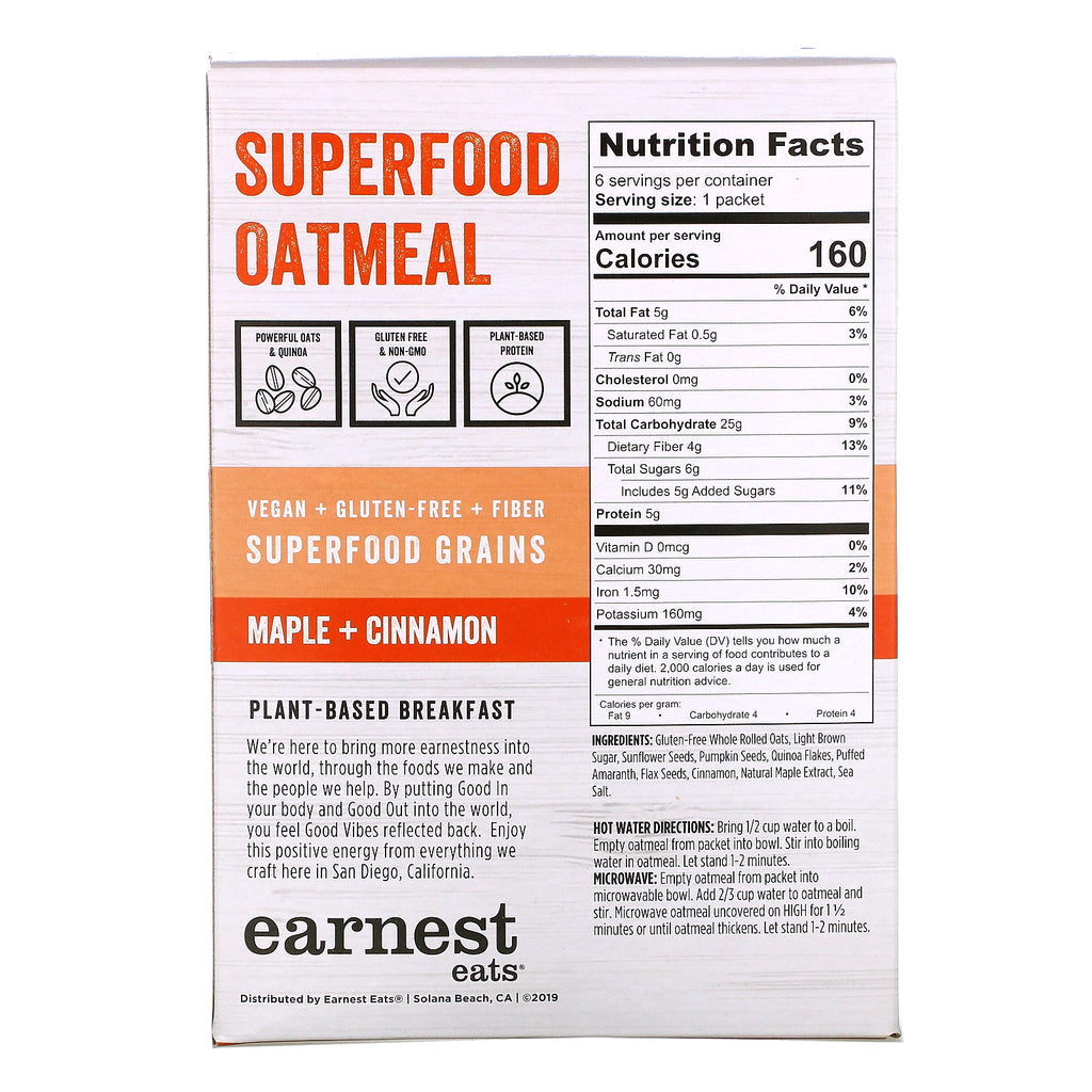 Earnest Eats, Superfood Instant Oatmeal, Maple Cinnamon, 6 Packets, 8.47 oz (240 g)