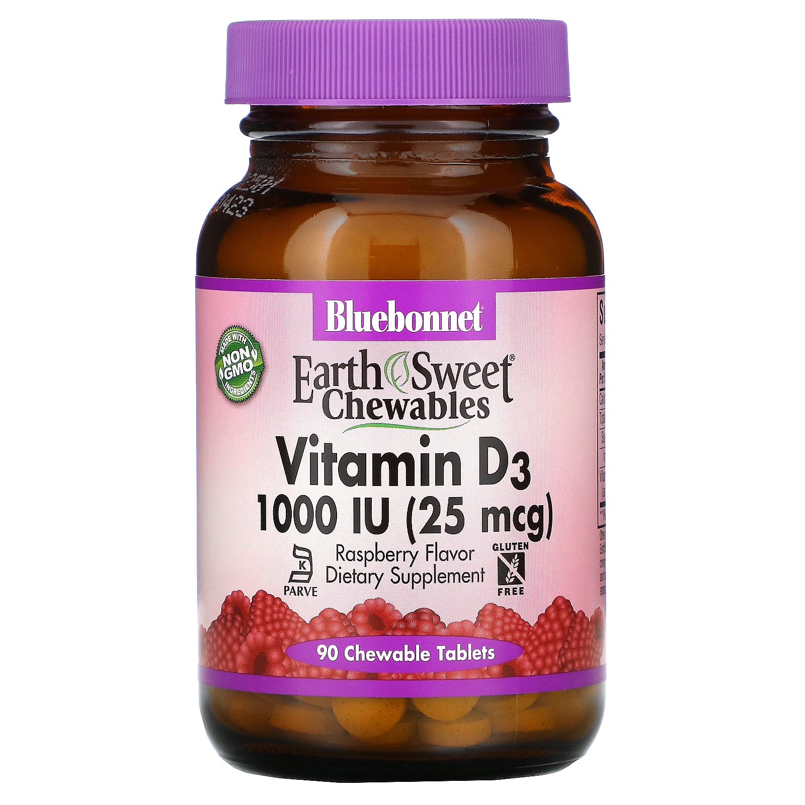 Bluebonnet Nutrition, Earth Sweet Chewables, Vitamin D3, Raspberry, 1,000 IU (25 mcg), 90 Chewable Tablets