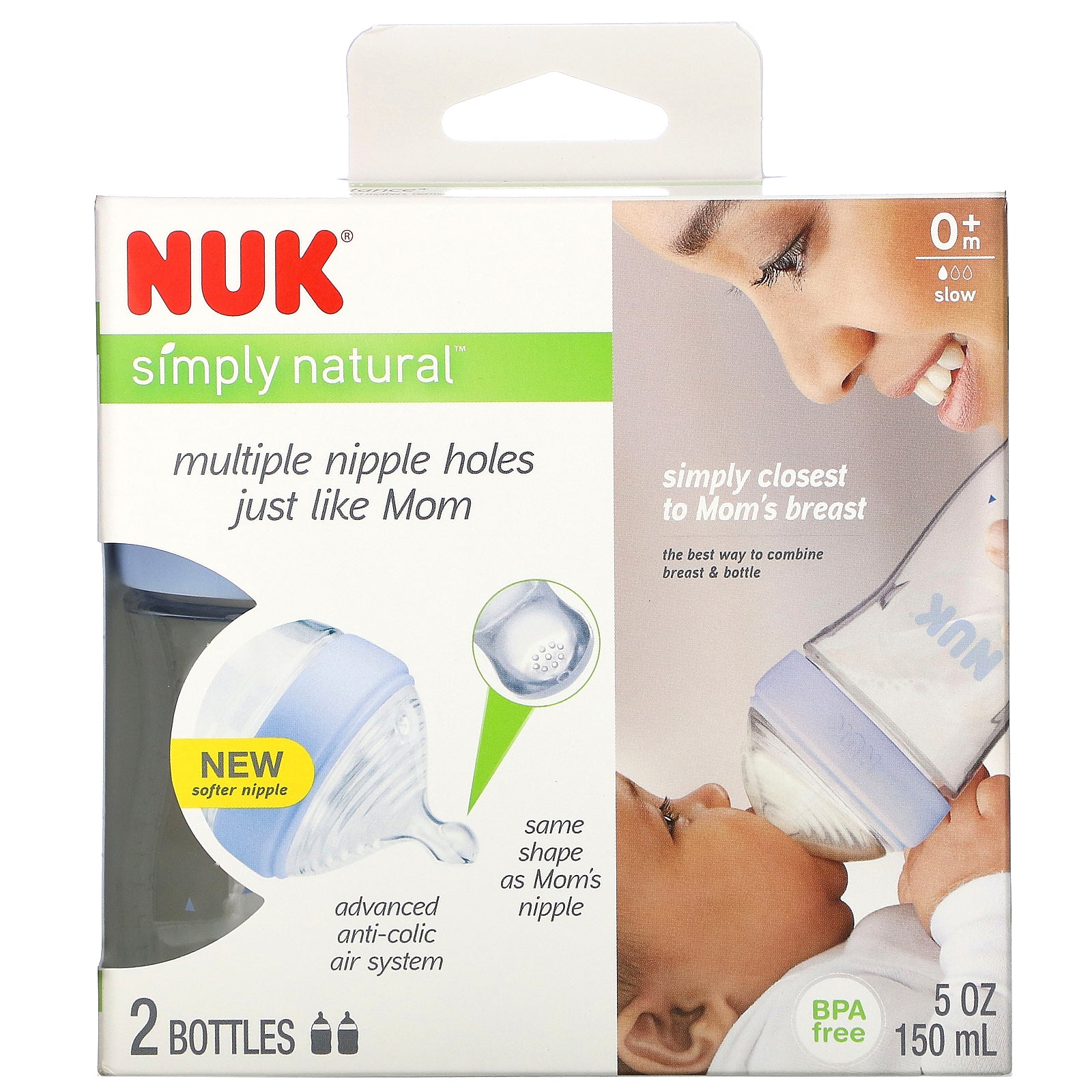 NUK, Simply Natural, Bottles, 0+ Months, Slow, 2 Pack, 5 oz (150 ml) Each