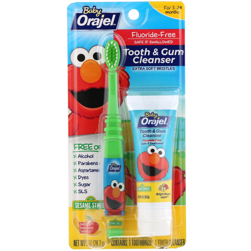 Orajel, Elmo Tooth & Gum Cleanser, Fluoride-Free, 3-24 Months, Bright Banana Apple, 1 oz (28.3 g)