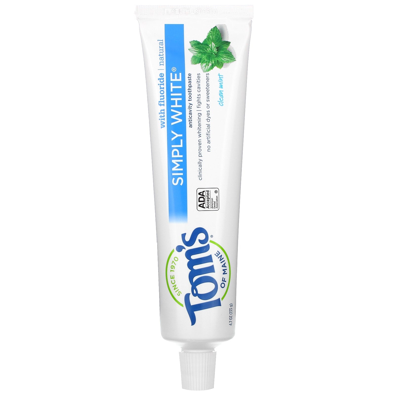 Tom's of Maine, Simply White Anticavity Toothpaste with Fluoride, Clean Mint, 4.7 oz (133 g)