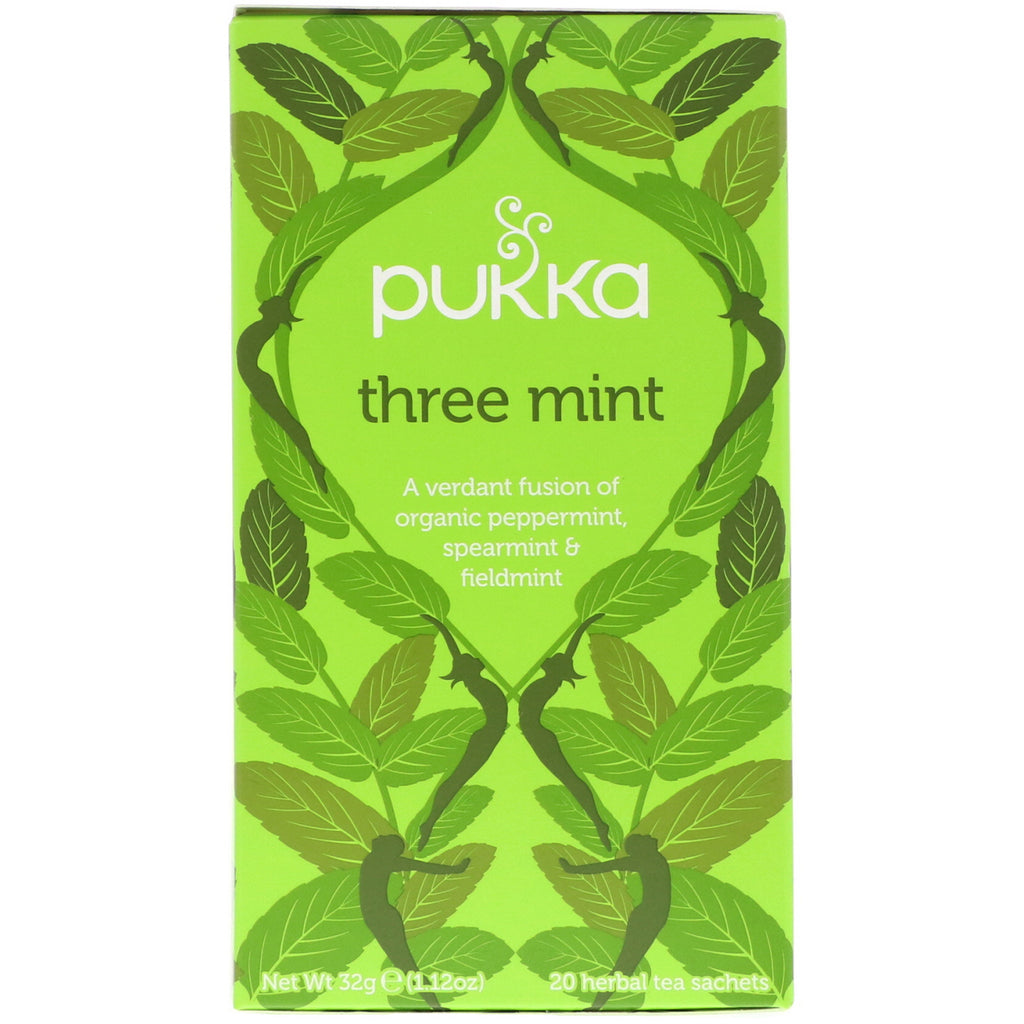 Pukka Herbs, Three Mint, Caffeine Free, 20 Herbal Tea Sachets, 1.12 oz (32 g)