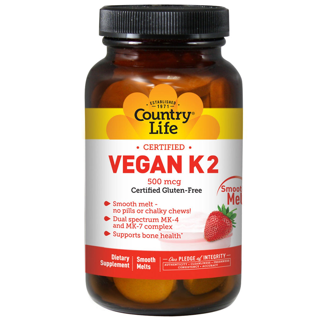 Country Life, Certified Vegan K2, Strawberry, 500 mcg, 60 Smooth Melts