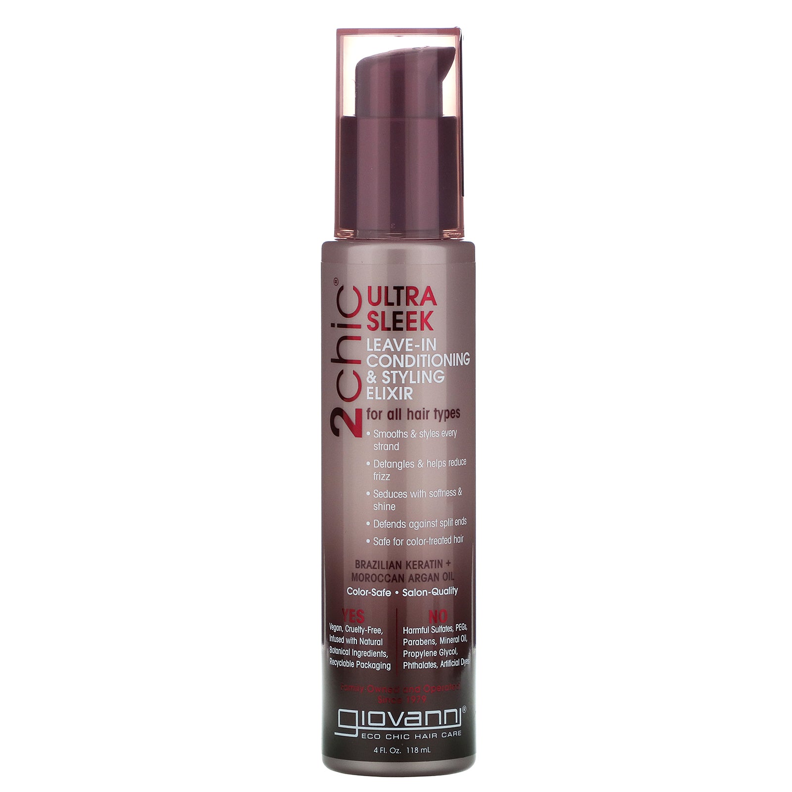 Giovanni, 2chic, Ultra-Sleek Leave-In Conditioning & Styling Elixir, Brazilian Keratin & Argan Oil, 4 fl oz (118 ml)