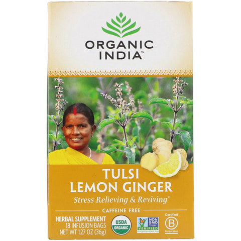 Organic India, Tulsi Tea, Lemon Ginger, Caffeine-Free, 18 Infusion Bags, 1.27 oz (36 g)