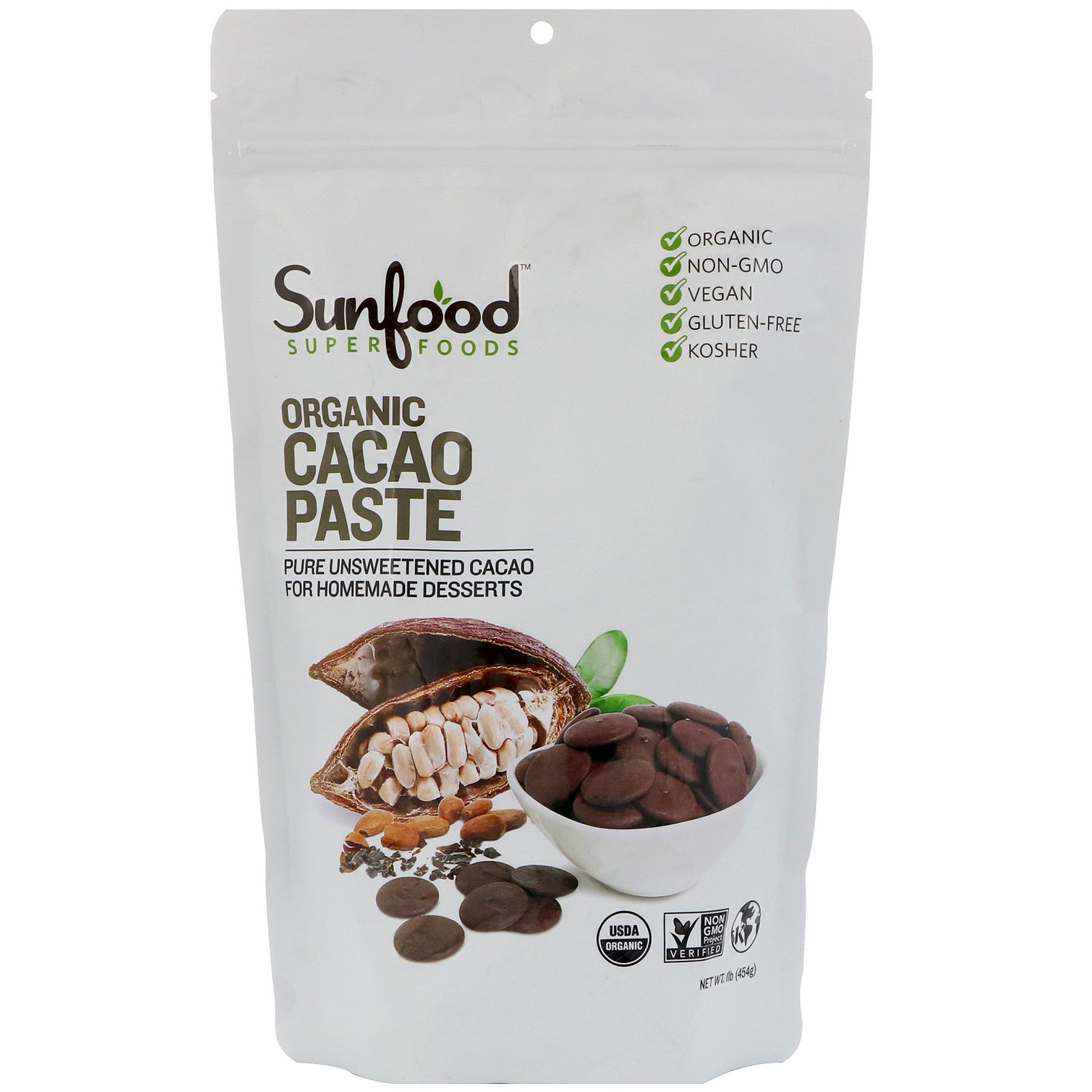 Sunfood, Organic Cacao Paste, 1 lb (454 g)