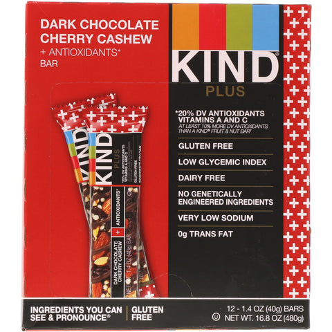 KIND Bars, Kind Plus, Dark Chocolate Cherry Cashew + Antioxidants, 12 Bars, 1.4 oz (40 g) Each