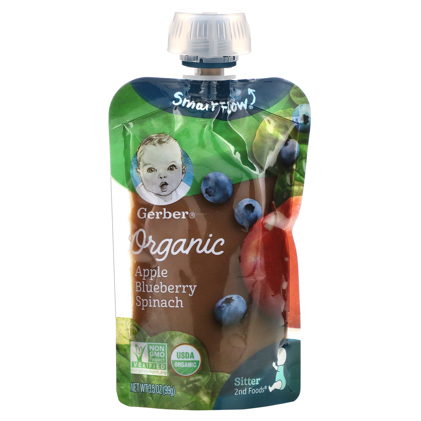 Gerber, Smart Flow, Organic, Apple, Blueberry, Spinach, 3.5 oz (99 g)