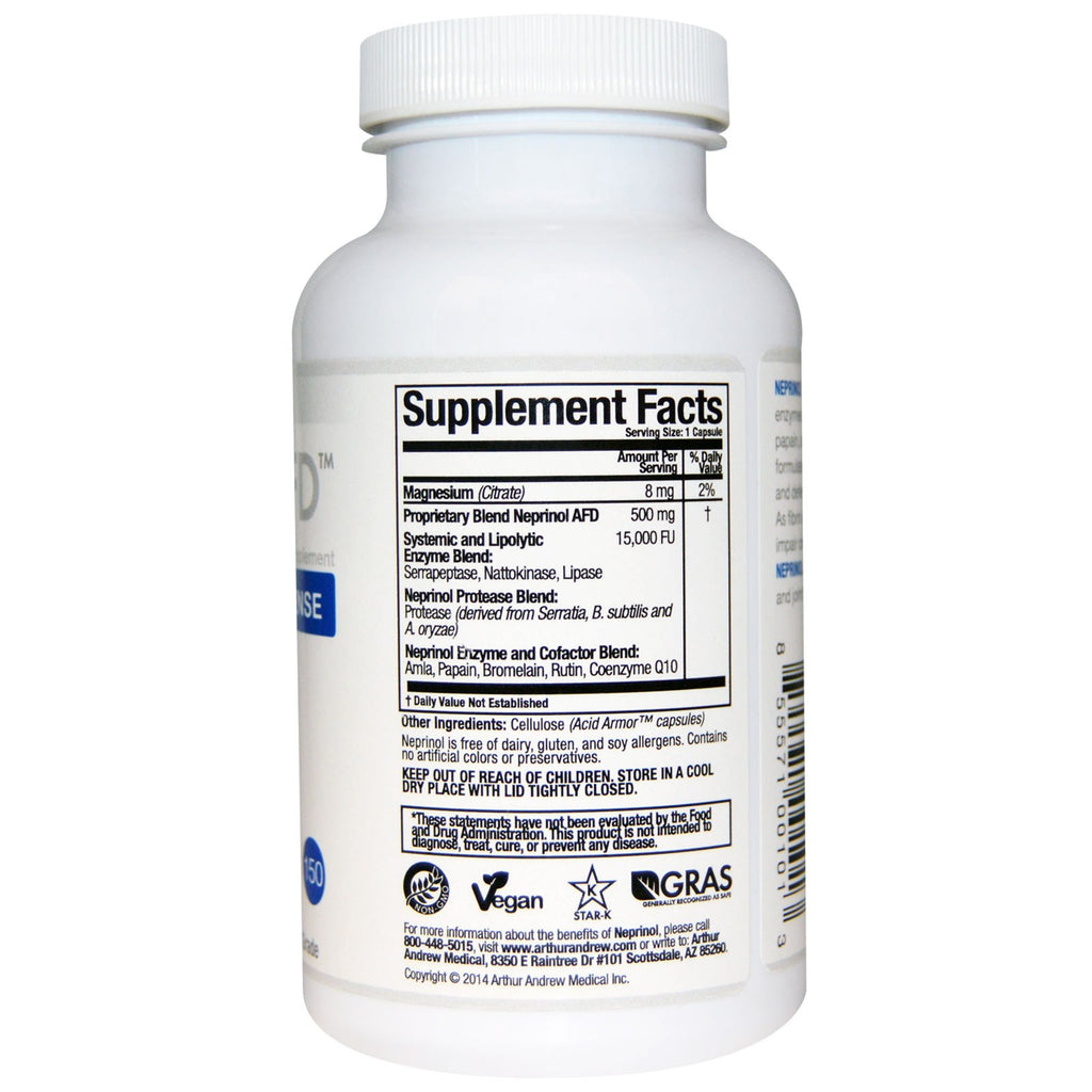 Arthur Andrew Medical, Neprinol AFD, Advanced Fibrin Defense, 500 mg, 150 Capsules