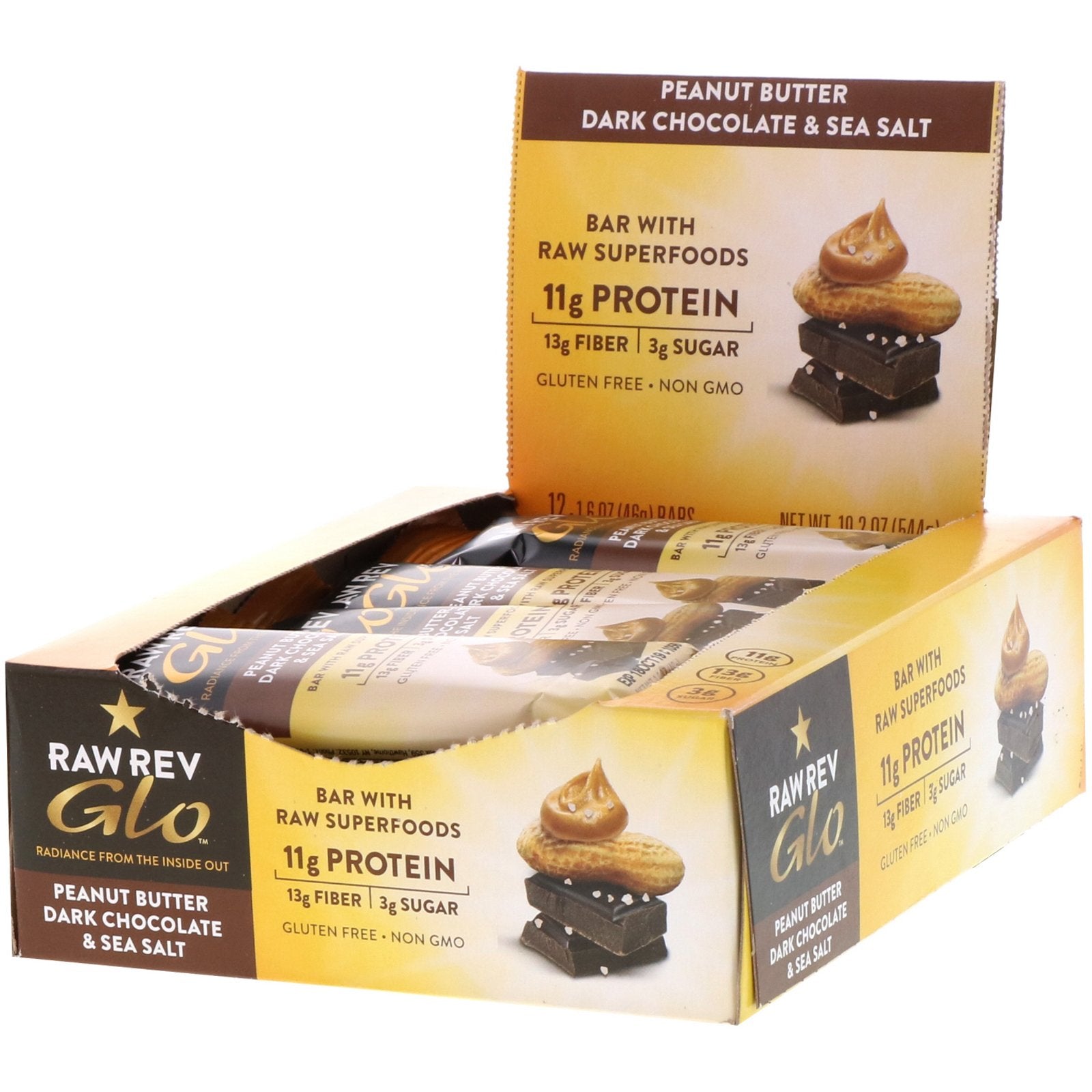 Raw Rev, Glo, Peanut Butter Dark Chocolate & Sea Salt, 12 Bars, 1.6 oz (46 g) Each