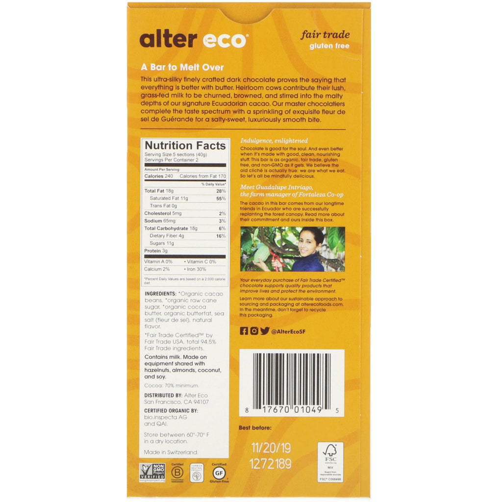 Alter Eco,  Chocolate Bar, Deep Dark Salted Brown Butter, 70% Cocoa, 2.82 oz (80 g)