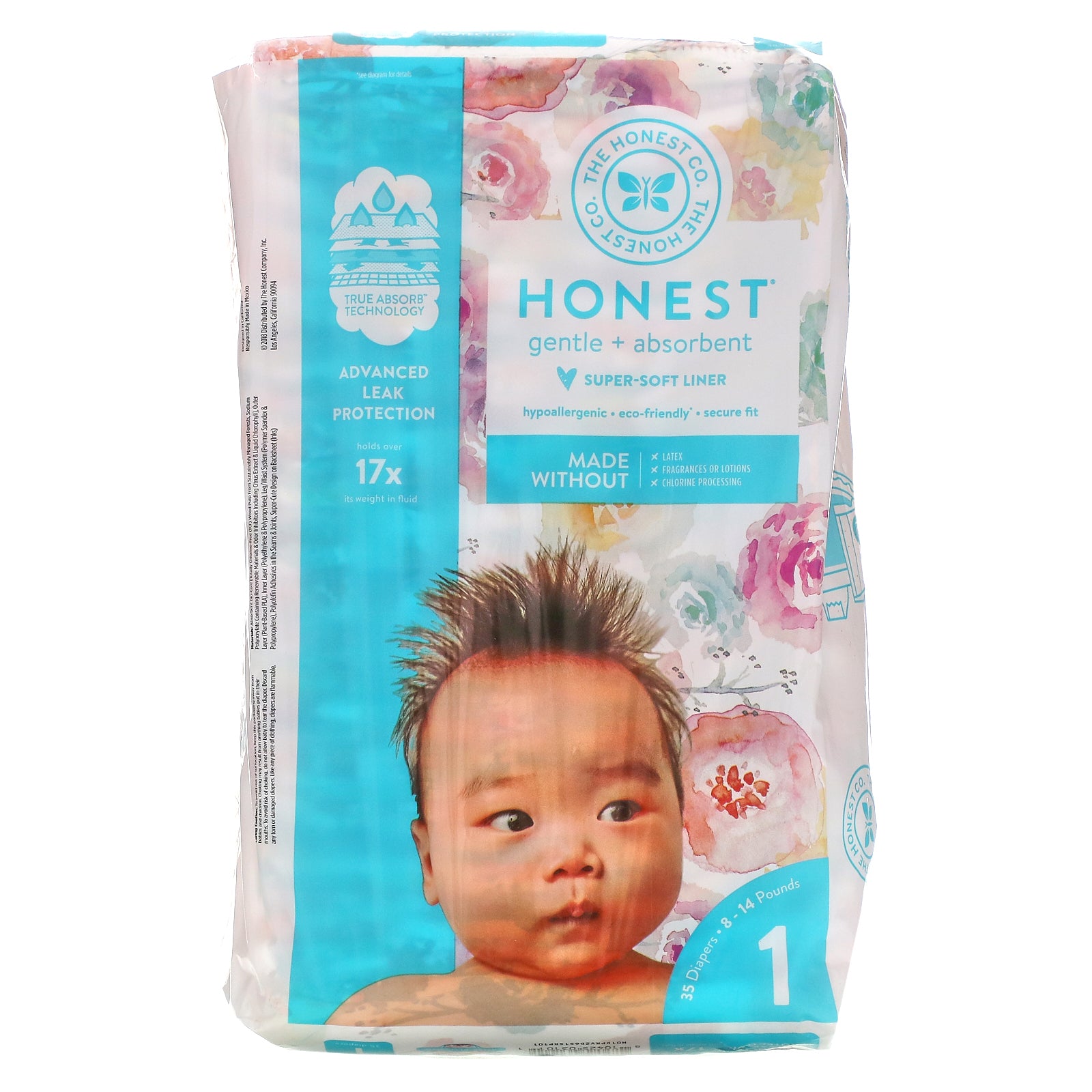 The Honest Company, Honest Diapers, Size 1, 8-14 Pounds, Rose Blossom, 35 Diapers