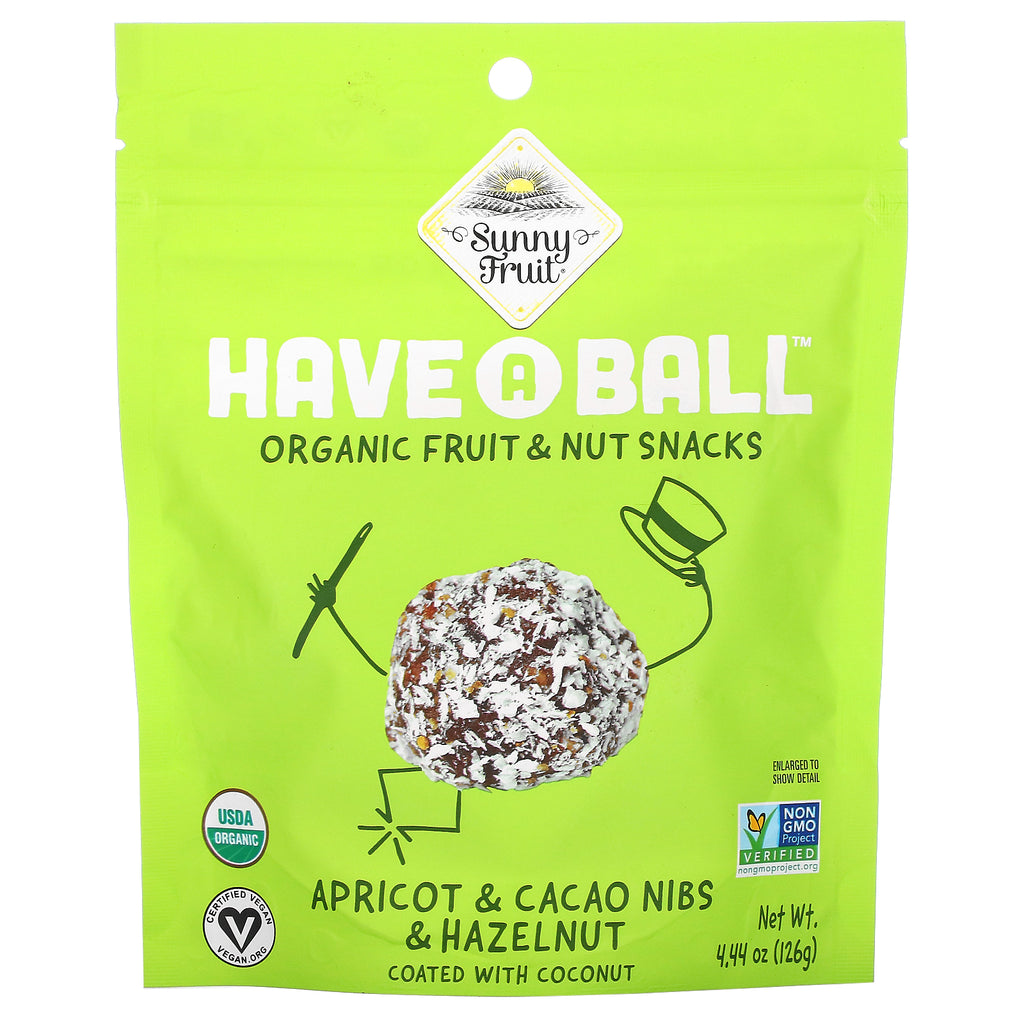 Sunny Fruit, Have A Ball, Organic Fruit & Nut Snacks, Apricot & Cacao Nibs & Hazelnut, 4.44 oz ( 126 g)