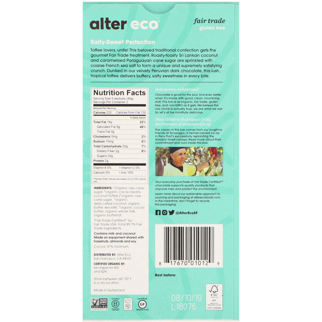 Alter Eco,  Chocolate Bar, Dark Salted Coconut Toffee, 47% Cocoa, 2.82 oz (80 g)