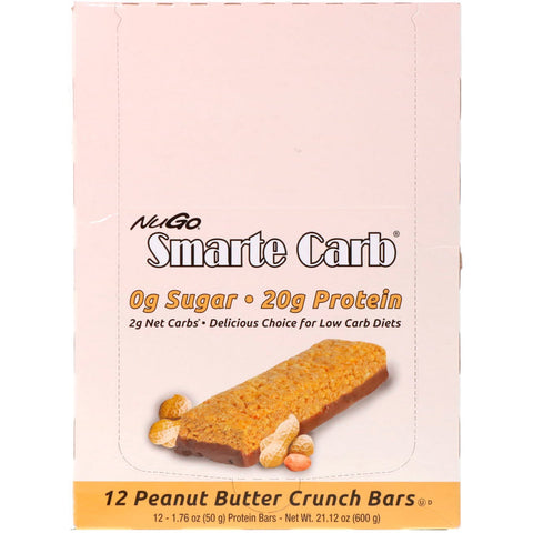 NuGo Nutrition, Smarte Carb Bar, Peanut Butter Crunch, 12 Bars, 1.76 oz (50 g) Each