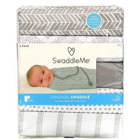 Summer Infant, SwaddleMe, Original Swaddle, Small/Medium,  0-3 Months, Grey, 5 Pack