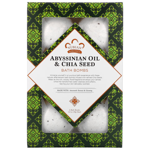 Nubian Heritage, Abyssinian Oil & Chia Seed, Bath Bombs, 6 Bath Bombs, 1.6 oz (45 g) Each