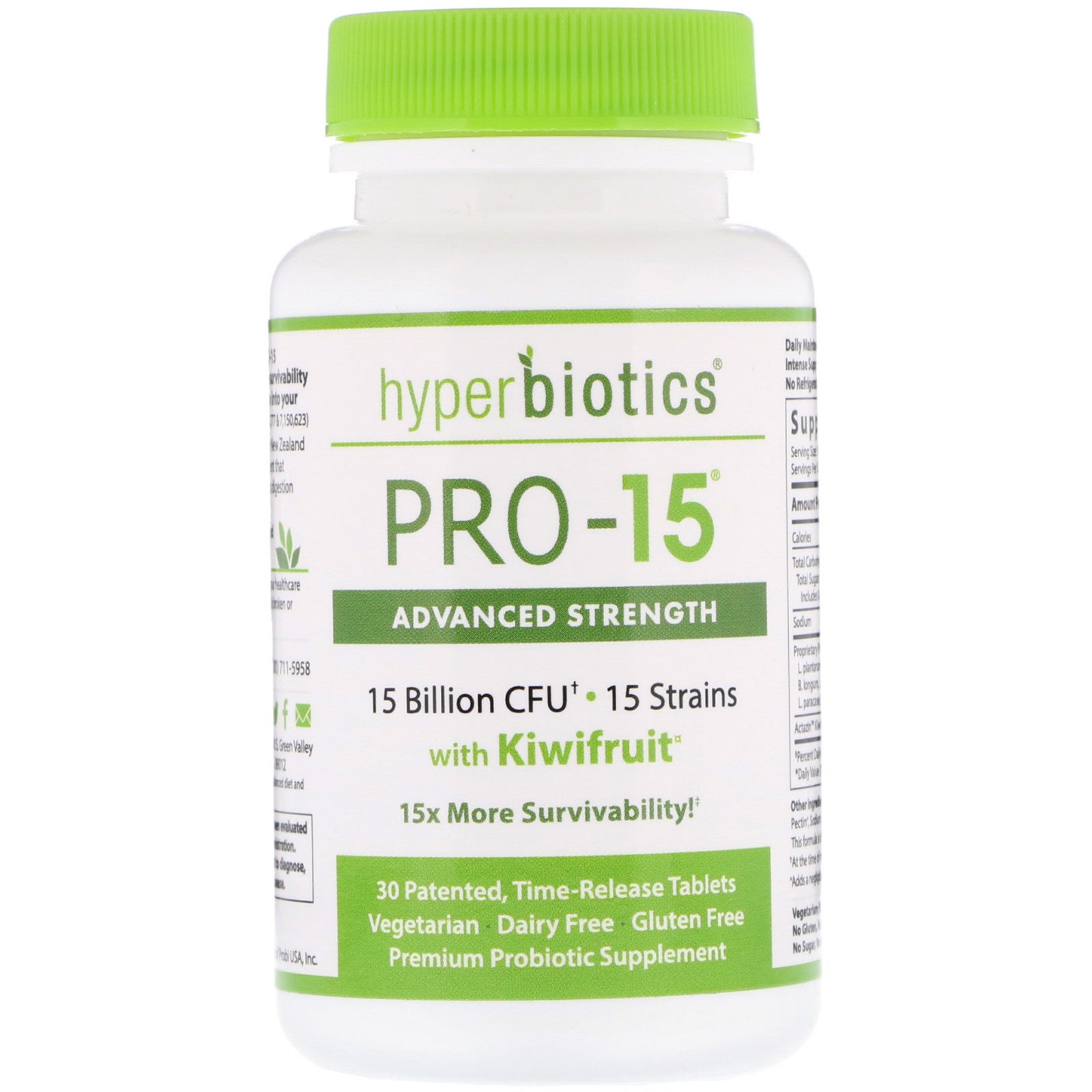 Hyperbiotics, PRO-15, Advanced Strength with Kiwifruit, 15 Billion CFU, 30 Patented Time-Release Tablets